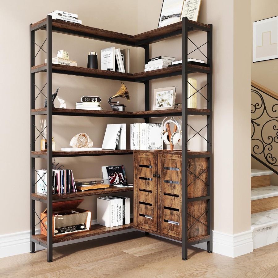 Storage - 6-półkowa narożna biblioteczka do salonu, metalowa