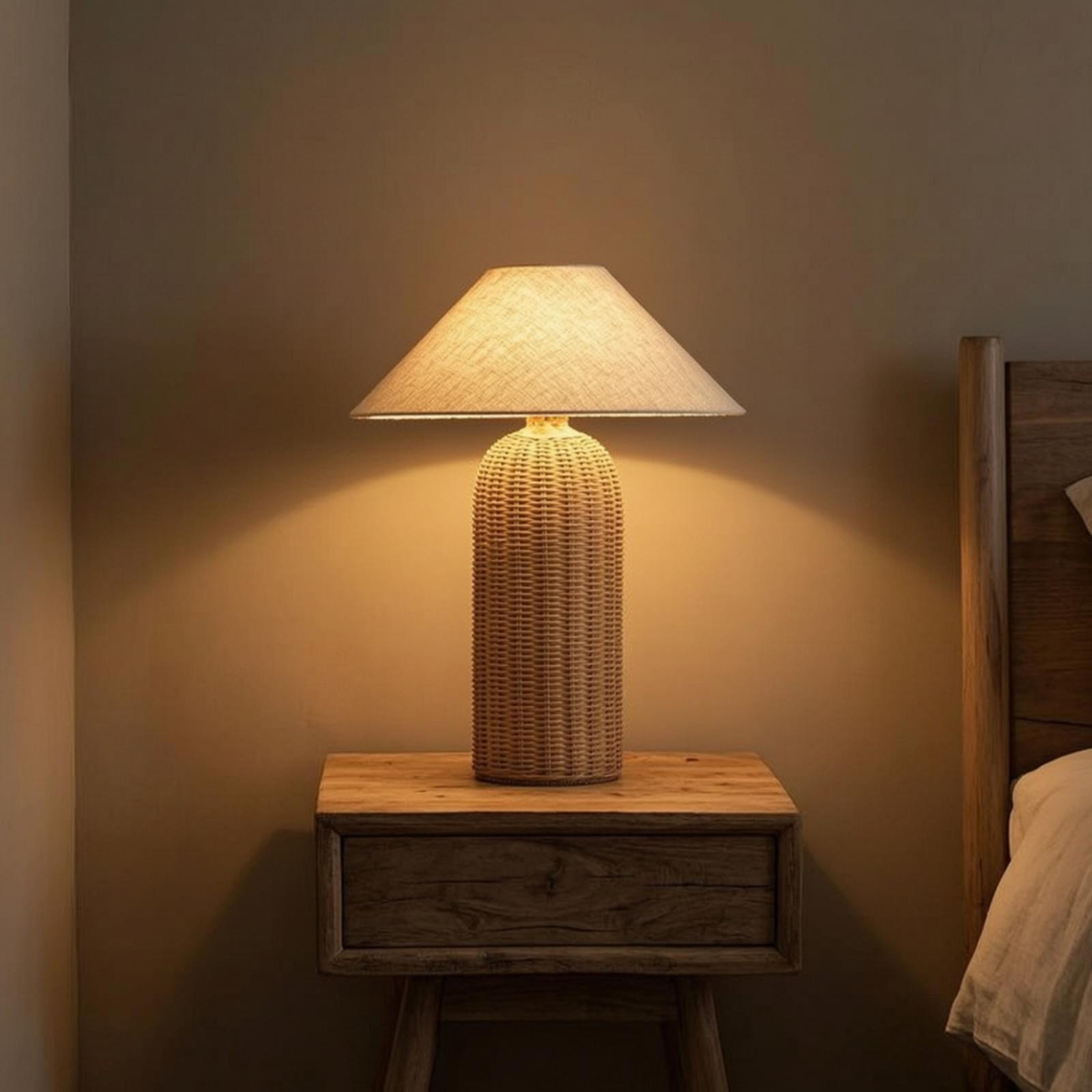 Bedroom Furniture - Lampka nocna z rattanową podstawą i