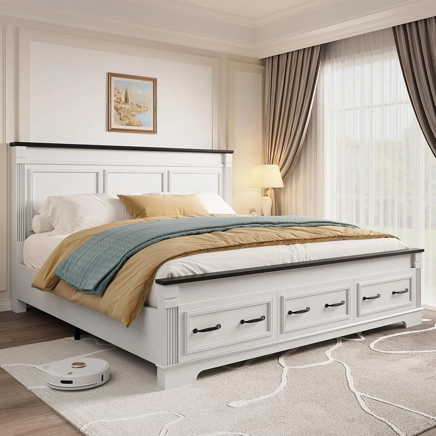 Rama łóżka w stylu rustykalnym – King Size Bed Frame With Storage Drawers recenzja i cena