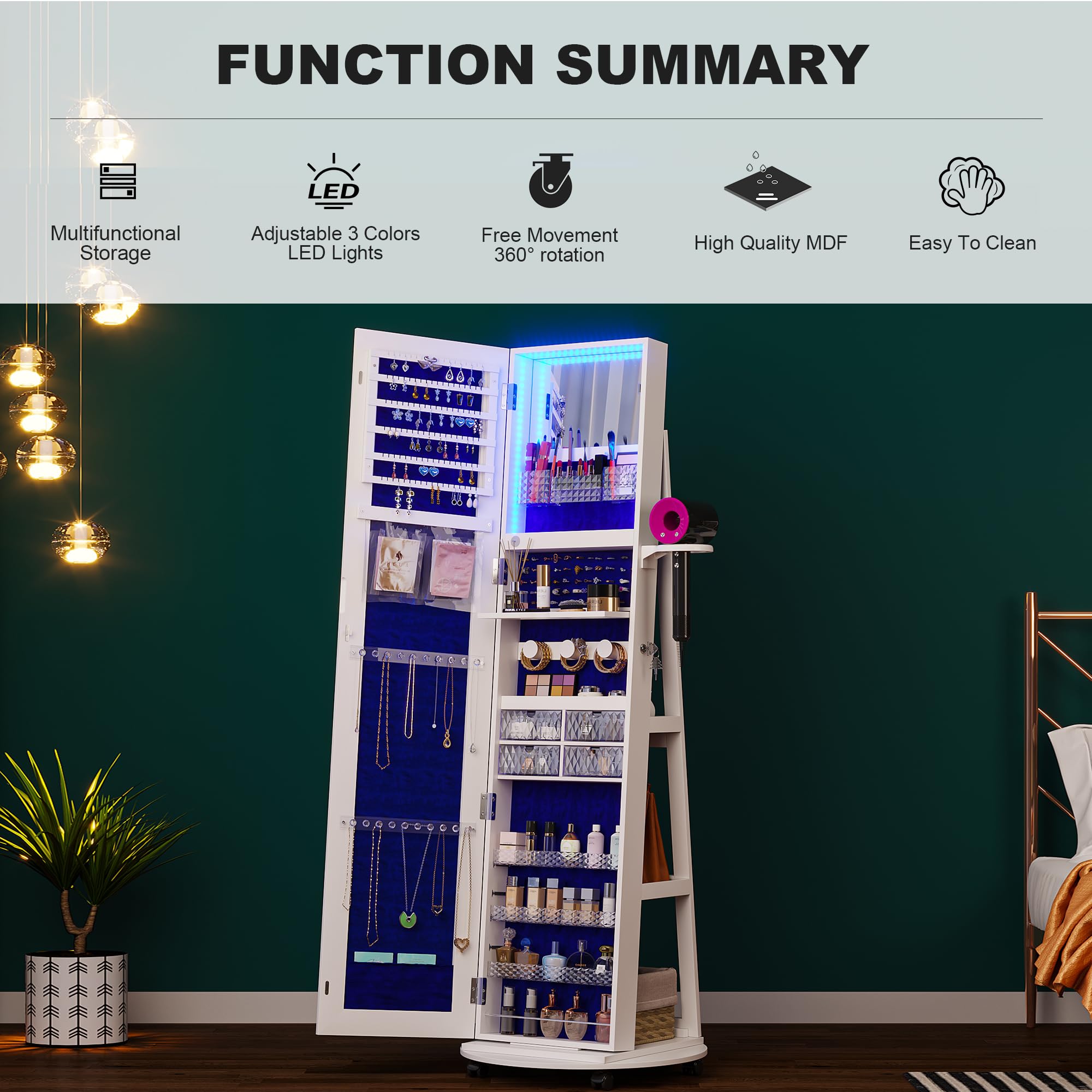 360 °   Obracana szafka na biż – Full Length Mirror Jewelry Armoire recenzja i cena