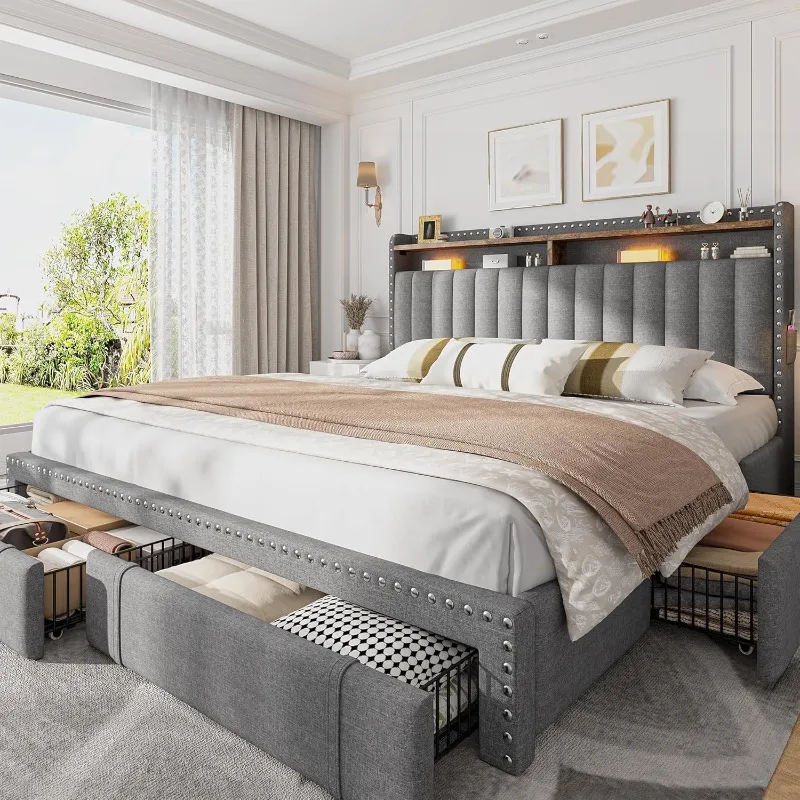 EnHomee Tapicerowane Łóżko Roz – King Size Bed Frame With Storage Drawers recenzja i cena