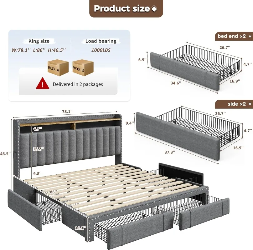 EnHomee Tapicerowane Łóżko Roz – King Size Bed Frame With Storage Drawers recenzja i cena