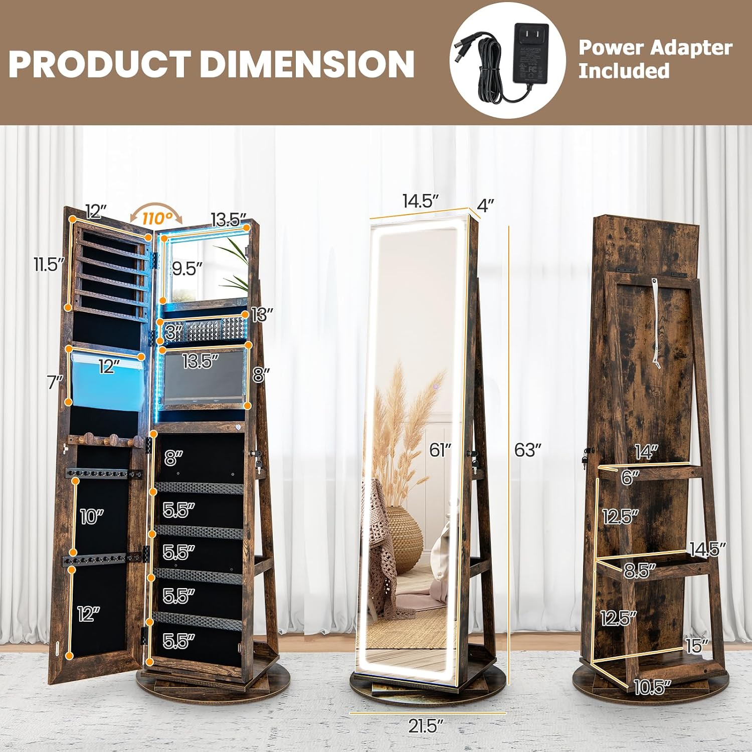 Obracane lustro LED z miejscem – Full Length Mirror Jewelry Armoire recenzja i cena